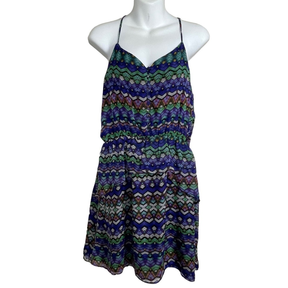 Greylin Silk Tribal Print High Neck Blouson Peplum Dress Women's M Boho‎ Resort